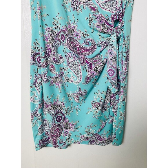 Signature Bobbie Bee Dress Women's Size PM Teal Green Faux Wrap Paisley Bow Tie - Picture 7 of 12
